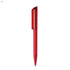 A red plastic pen with a smooth design and a logo on the body.