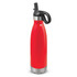 A drink bottle in vibrant red with a stainless steel base and a black flip lid. Features a logo.