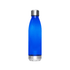 A drink bottle featuring a vibrant blue body with a stainless steel base and cap, alongside a logo.