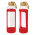 A drink bottle featuring a clear glass body, a red silicone sleeve, and a bamboo lid with a string handle.