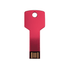 A red flash drive shaped like a key, featuring a hole for attachment and a gold connector.