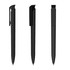 A sleek black plastic pen featuring a smooth surface and a clip, displayed from three angles.