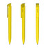 A set of three high-gloss transparent yellow plastic pens with clips.