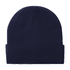 Acrylic rollup beanie hat in navy blue with a folded cuff and a logo.