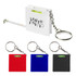 A leveller tape measure in white, red, blue, and black, featuring a keyring and a built-in spirit level.