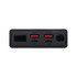 A black power bank featuring two USB output ports, a USB-C port, and a control dial. It includes a logo.