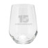 A stemless glass cup with a clear design, featuring a logo and a celebratory inscription for an anniversary.