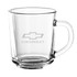 A glass mug with a transparent body and a sturdy handle, featuring a logo. Ideal for serving beverages.