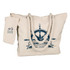 A cream-colored tote bag with blue nautical-themed design and rope handles, featuring a detachable pouch.