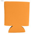 An orange foam stubby cooler with a base design, featuring a logo.