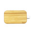 A bamboo wireless earbud case in a rectangular shape with a white accent, featuring a logo.