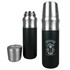 A drink bottle in matte black with silver accents and a logo, designed for outdoor use.