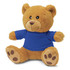A plush teddy bear in brown with a blue shirt, featuring soft texture and paw details. It has a branded logo.