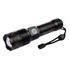 A rechargeable torch with a sleek black design, featuring a push-button and an attached strap for convenience.