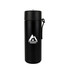 A drink bottle in matte black with a strap and a logo on the front. Ideal for water or beverages.
