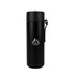 A drink bottle in matte black with a carry strap and a logo. Suitable for holding 600ml of liquid.