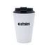 A coffee mug in white with a black lid and a logo, designed for holding beverages.