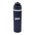 A drink bottle in navy blue with a grey band and a logo on the side. It features a flip-top lid.