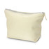 A large cosmetic bag in a soft beige colour with a zip closure and a simple design. It features a logo.