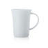 A flared mug in pale cashmere colour with a smooth finish and curved handle, featuring a logo.