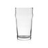 A glass beer glass with a clear finish and a distinctive shape, featuring a straight body and a slightly curved top.