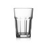A drink bottle made of clear glass with a ribbed design, featuring a sturdy base and classic shape.