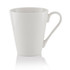 A white latte mug with a tapered design and a comfortable handle, featuring a branding logo.