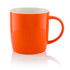 An orange ceramic barrel mug with a white interior and a curved handle.