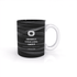 A coffee mug featuring a black exterior and a white handle, with a logo and text. The design includes a textured pattern.