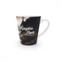 A white coffee mug featuring a scenic nature design and a logo. The mug has a stylish, modern shape.