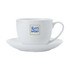 A white bone china cup with a matching saucer, featuring a logo on the cup's surface.