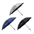 Three umbrellas in grey, blue, and black, each featuring a logo or branding.