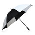 A black and white umbrella with a curved handle and a branded logo on the canopy.