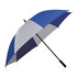 A blue and white umbrella with a black handle and a logo on the shaft. It features a spacious, two-tone canopy.