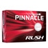 A box containing twelve white golf balls, branded Pinnacle Rush, with a dynamic red and black design.