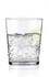 A glass tumbler filled with sparkling water and a slice of lemon, featuring a clear design and bubbles.