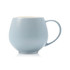 A blue coffee mug with a rounded design and a handle, featuring a smooth matte finish.