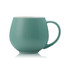A drinkware mug in a teal colour with a rounded shape and a handle, featuring a logo.