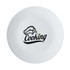 A white coupe dinner plate with a black logo featuring a chef's hat and the word "Cooking."