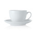 A white cup with a smooth finish, accompanied by a matching saucer, both made of ceramic.