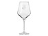 A clear, elegant wine glass with a tall stem and wide bowl, featuring a subtle logo. Perfect for wine enjoyment.