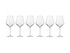 A set of five clear glass wine glasses with elegant stems, presented in a row against a white background.