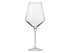 A clear glass wine glass with a long stem and elegant shape, standing upright against a white background.