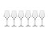 A set of five clear glass wine glasses, neatly arranged, featuring elegant stems and a classic design.