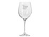 A clear glass wine glass with a tall stem and a logo on one side.
