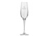 A clear glass champagne flute with a slender stem and a rounded bowl, featuring a logo.