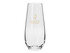 A clear glass stemless flute with a gold logo, designed for champagne. Features a sleek, modern shape.
