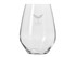 A stemless wine glass in clear glass featuring a logo, designed for a smooth drinking experience.
