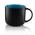 A black coffee mug with a blue interior, featuring a smooth finish and a single handle.