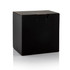 A black packaging box with a flap closure, reflecting light on a white surface.